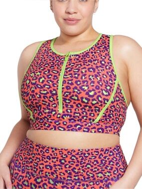 NEW PELOTON Brittany Allen Women's Leopard Print Neon Front Zipper Sports Bra L